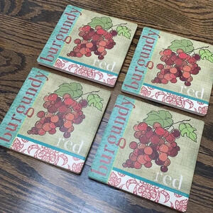 Red Burgundy Red Wine Square Cork Grapes Fruit Coasters Set of 4